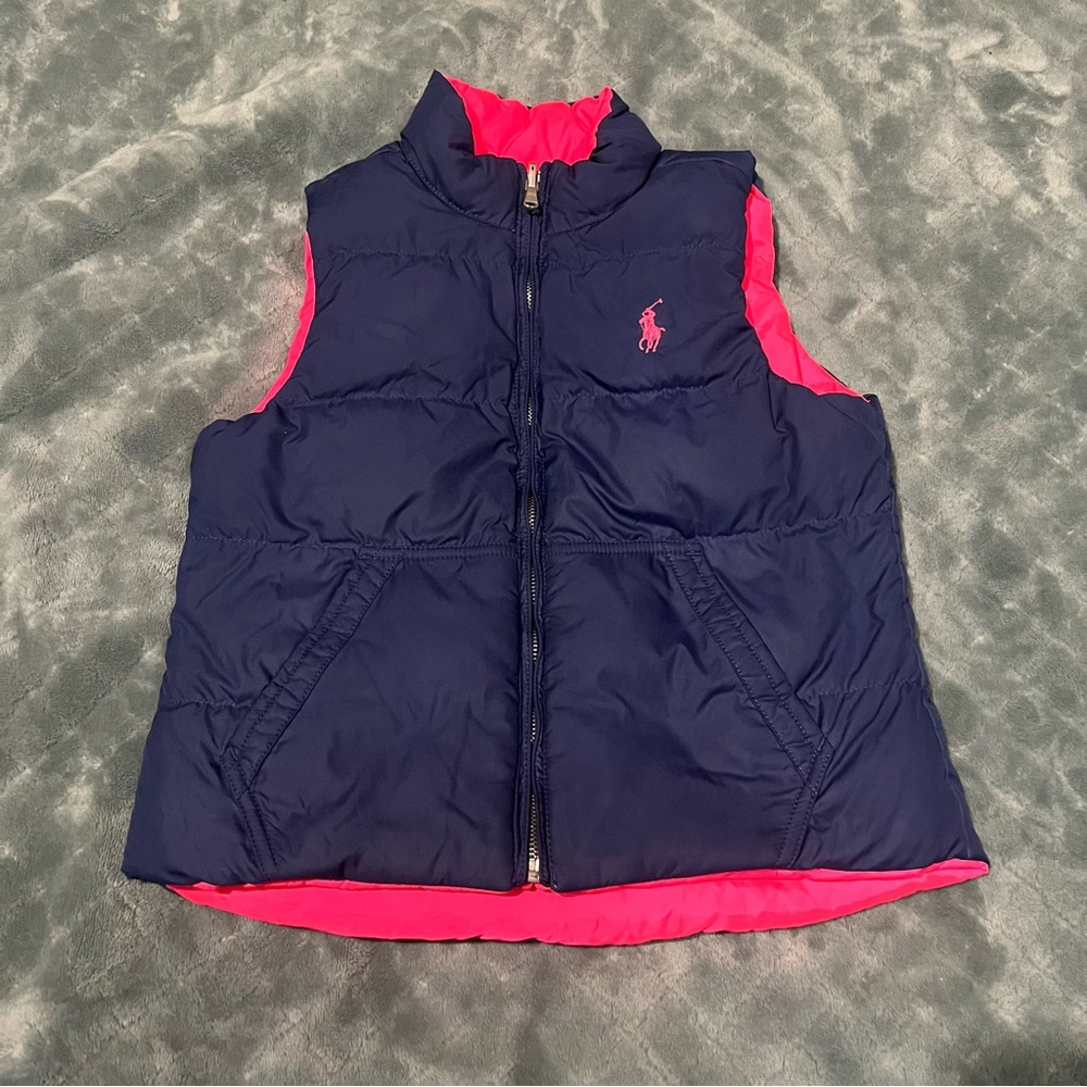 Polo Ralph Lauren Reversible Puffer Vest Navy Blue Neon Pink Girls Youth